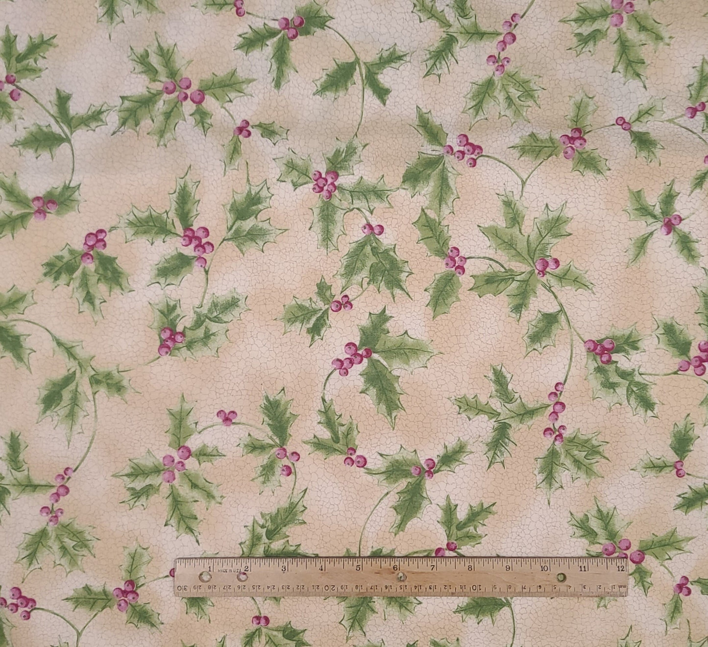 Tis the Season Exclusively for JoAnn Stores - Light Tan Crackle Fabric / Holly and Pink Berry Print