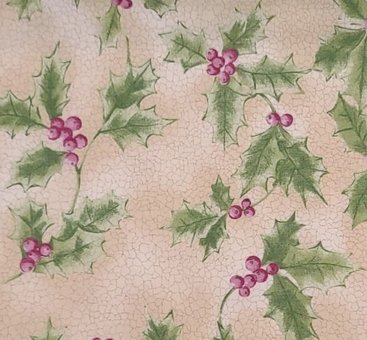 Tis the Season Exclusively for JoAnn Stores - Light Tan Crackle Fabric / Holly and Pink Berry Print