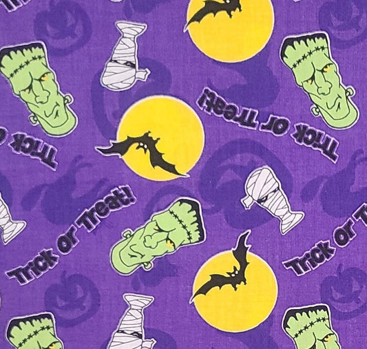 Purple Fabric/Purple Silhouette Cat, Jack-O-Lantern/Bright Yellow Full Moon with Black Bat/Green Frankenstein Face/Mummy Face/Trick or Treat