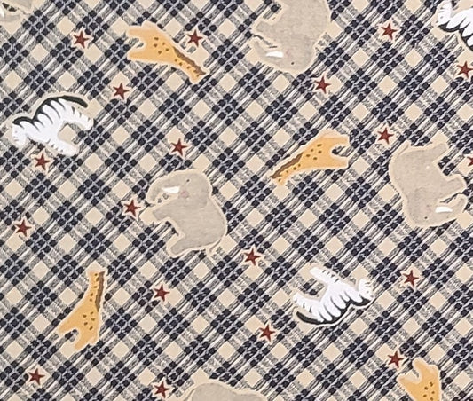 EOB - #7165 Tossed Animals "Past & Presents" for Daisy Kingdom 1994 - Tan and Taupe Plaid Fabric / Elephant, Giraffe, Zebra / Red Star Print