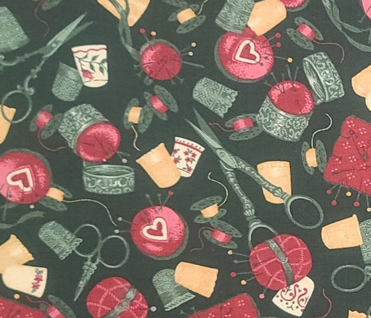 Fabric Traditions 1993 - Dark Green Fabric / Maroon, Pink, Tan and Tone-on-Tone Sewing Notions Print