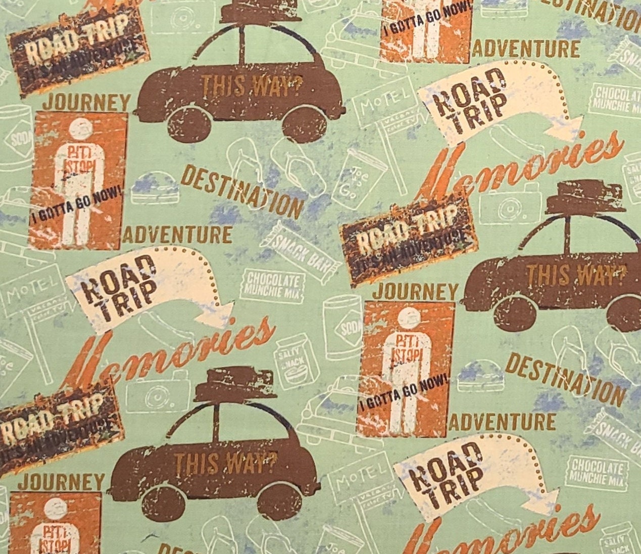 Road Trip by Dan DiPaolo for Clothworks - Spring Green Fabric / Tan, Brown and Rust Road Trip Print