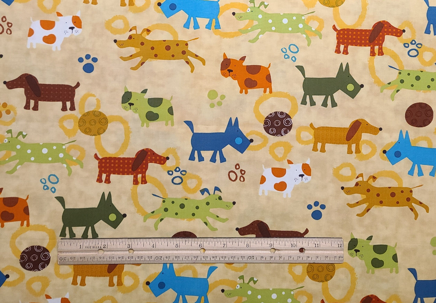 Amy Schimler for Quilts for Kids by Robert Kaufman Screen Print C#7820 - Pale Gold Tonal Fabric / Cartoon-Style Dog Print