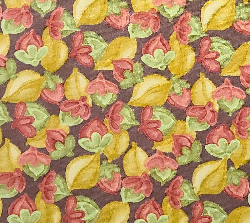 EOB - Spirit by Lila Tueller for Moda Pattern #11432 - Brown Fabric / Gold, Green, Coral Leaf and Flower Print