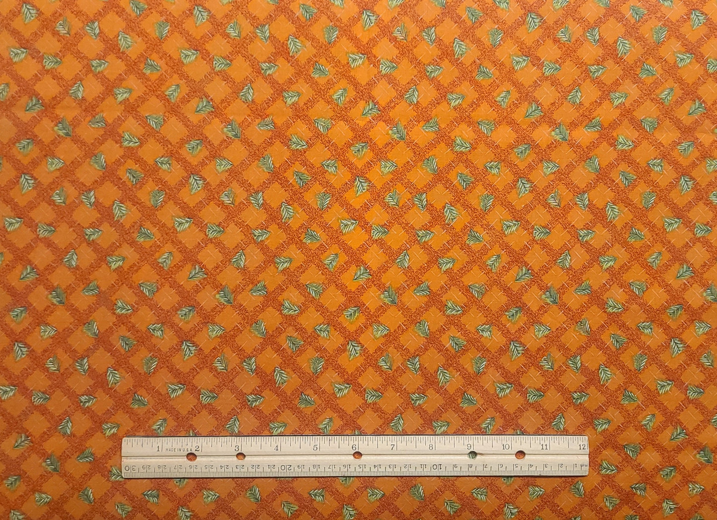 Baum Textiles - Orange Fabric / Dark Orange Diamond Pattern / Gray Crosshatch and Evergreen Tree Print