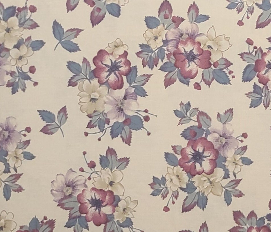 Forget Me Not by Hoffman California Fabrics - Pale Tan Fabric / Maroon, Green and Cream Vintage Floral Pattern