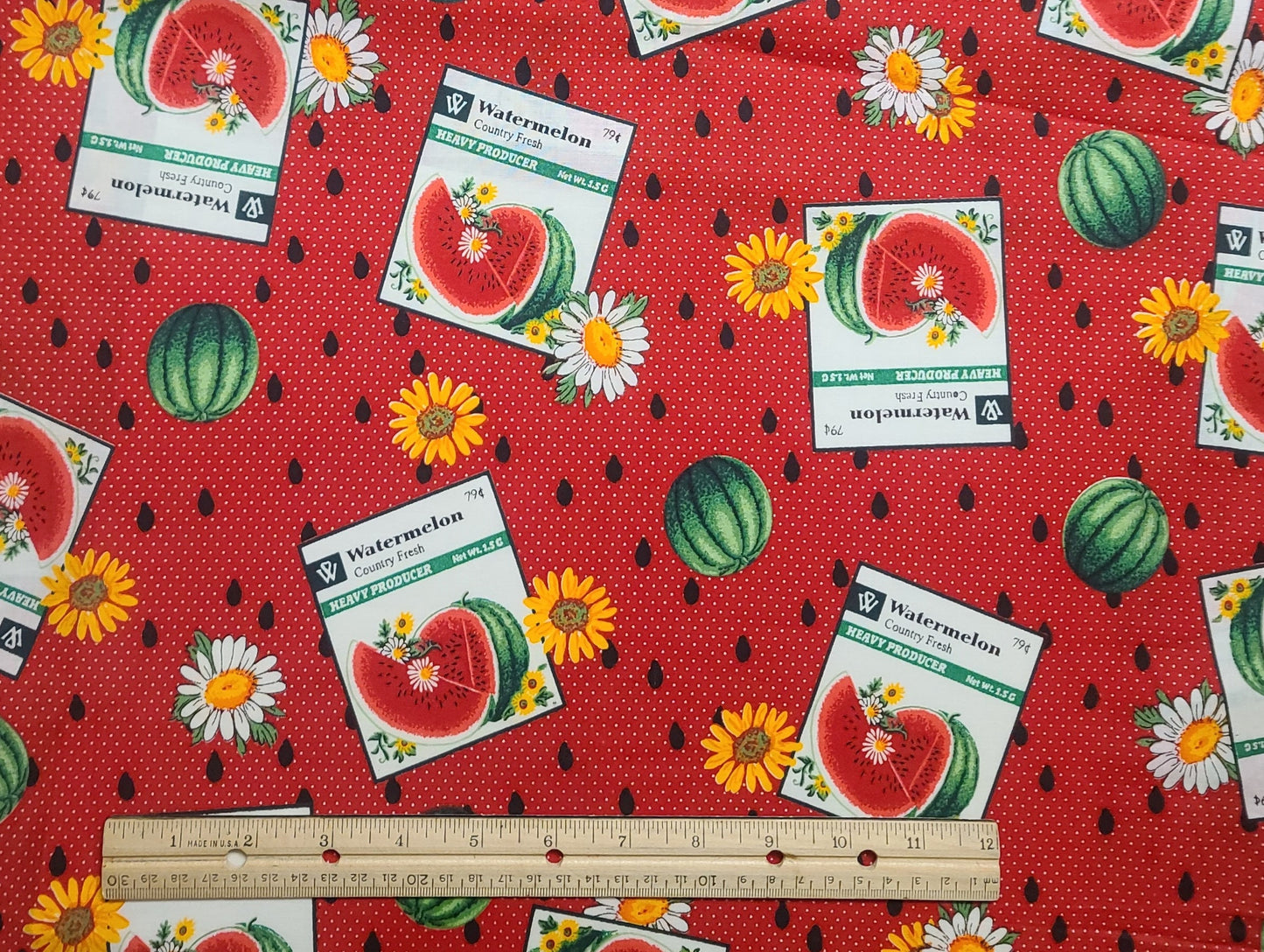 Springs Industries - Red and White Pindot Fabric / Watermelons, Daisies, Watermelon Seeds and Seed Packets