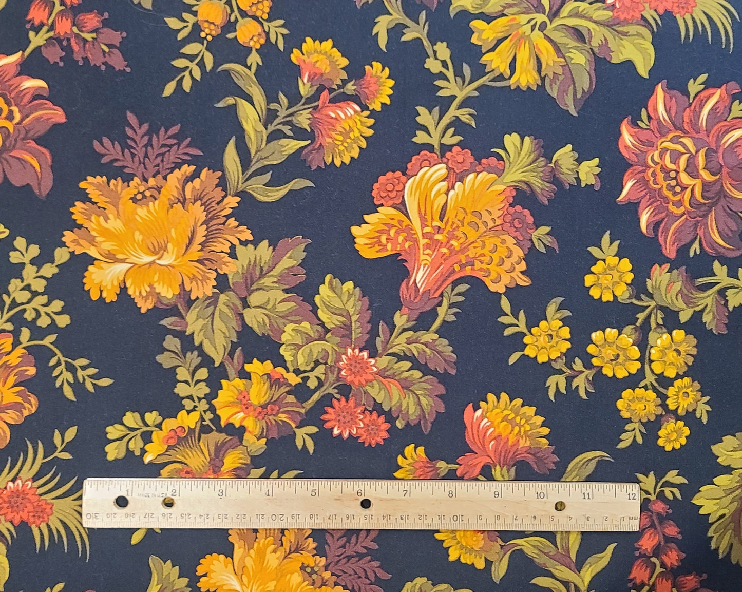 Winterthur Museum - Winterthur Toile Andover Fabrics Inc Patt 3949 - Black Fabric / Large Autumnal Colored Floral Print