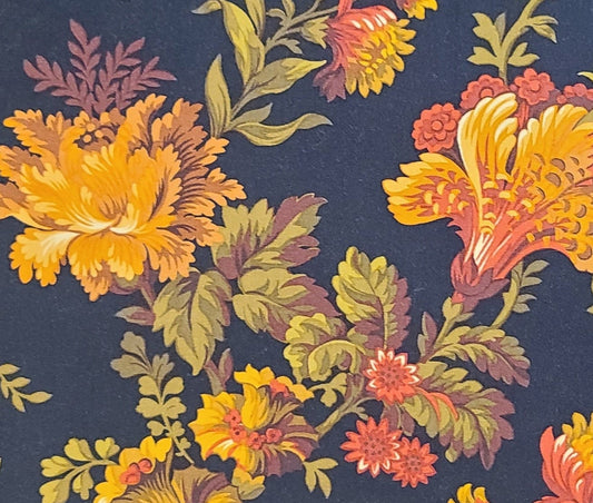 Winterthur Museum - Winterthur Toile Andover Fabrics Inc Patt 3949 - Black Fabric / Large Autumnal Colored Floral Print