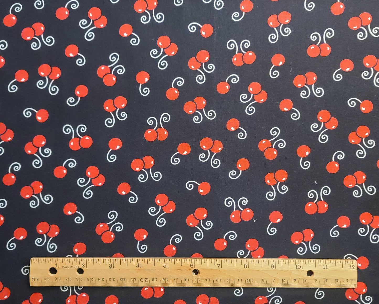 Patt #6459 Blank Quilting - Black Fabric / Red Cherry / White Swirled Stem Print