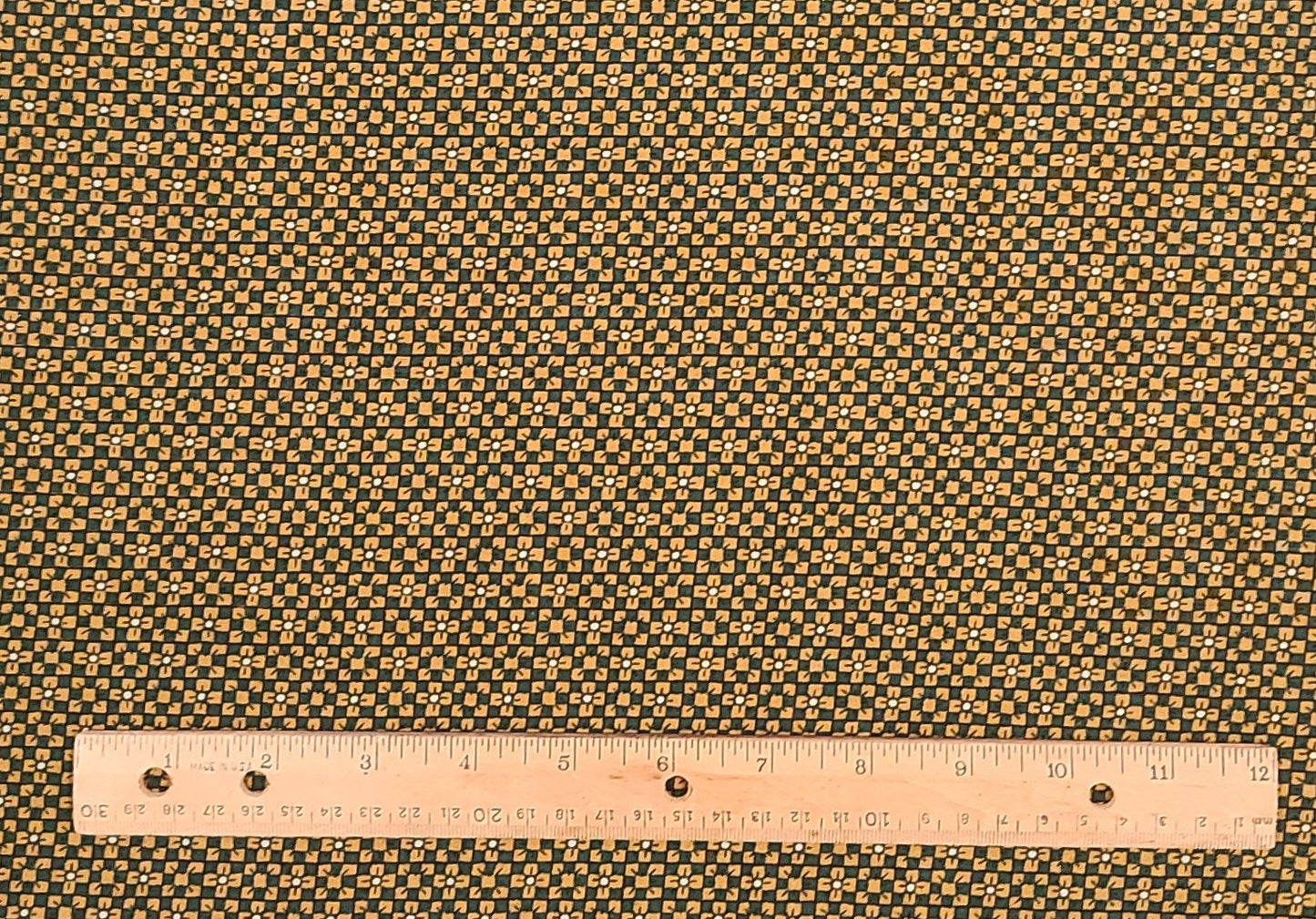 EOB - Springs Industries - Tan and Dark Green 9-Patch Pattern Fabric