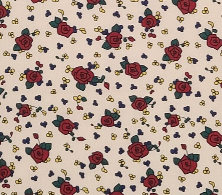 EOB - Soft White Fabric / Dark Red Cartoon Style Rose Pattern / Dark Blue and Yellow Flower Print - Selvage to Selvage Print