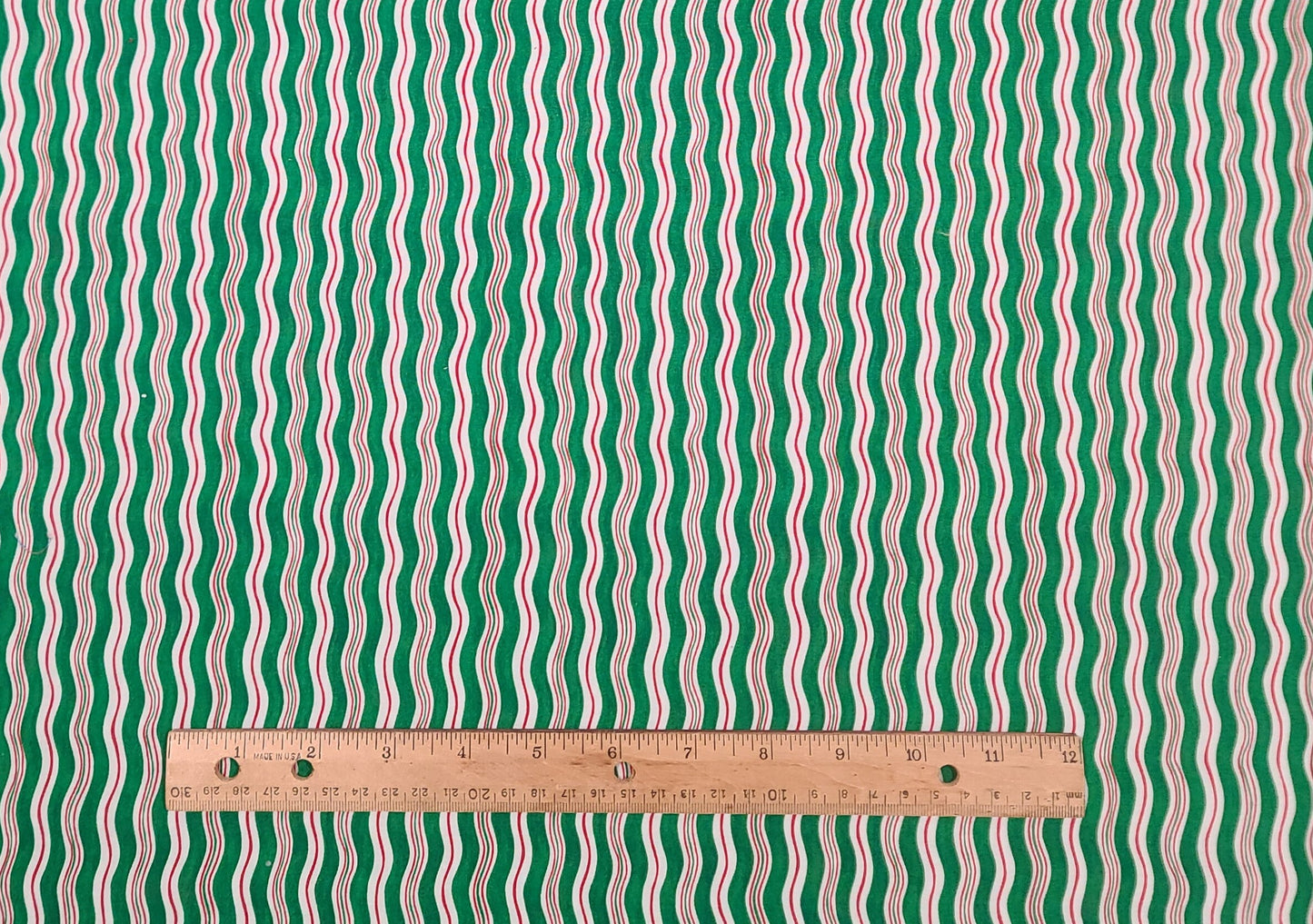 Greetings by Fabri-Quilt Inc Patt#931 - Red, White and Green Wavy Vertical (Parallel to Selvage) Stripe Fabric