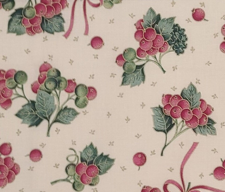 VIP Cranston Print Works - Cream Fabric / Hunter Green Leaf, Light Burgundy Berry and Ribbon Print / Gold Metallic Accents