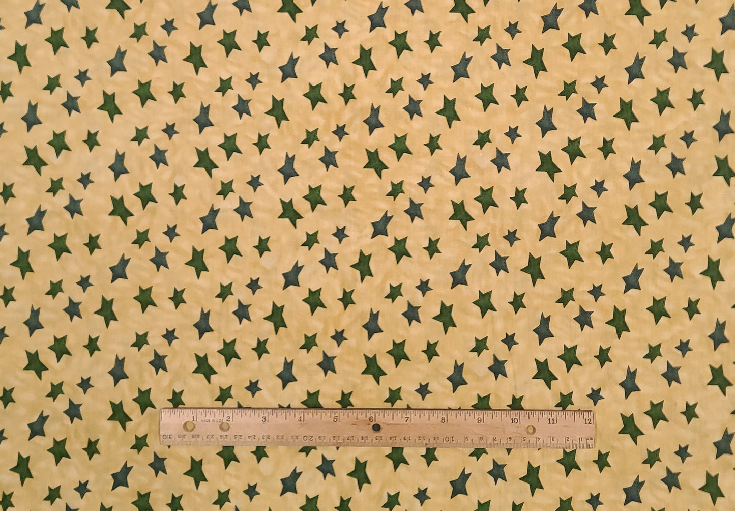 Moda Santa Clothes by Cynthia Young Hedgehog Productions - Gold Tonal Fabric / Dark Green Star Print