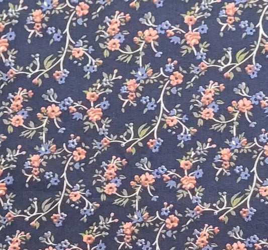 Dark Blue Fabric / Pink, Periwinkle and Sage Scattered Flower Print - Selvage to Selvage Print