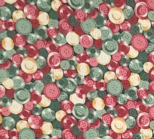 Fabric Traditions 1993 - Dark Green Fabric / Lighter Green, Red, Pink, Cream and Gold Allover Button Print