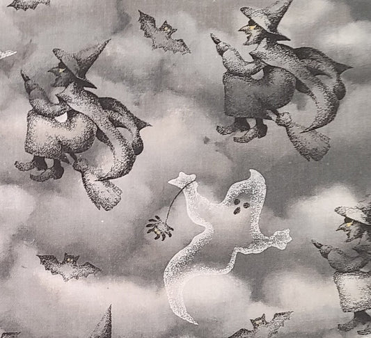 Faye Liverman Burgos for Marcus Brothers Textiles Inc - Charcoal, Gray and White "Cloud" Fabric / Ghost, Witch and Bat Print