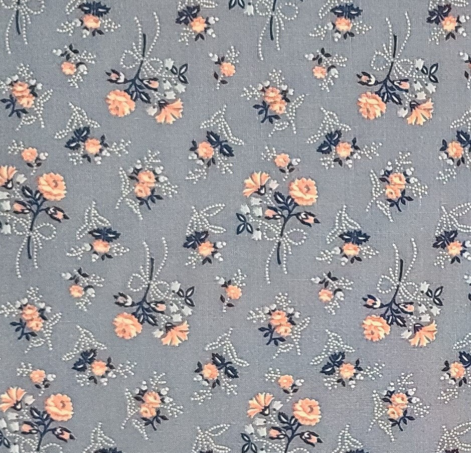 EOB - Springs Indutries - Light Slate Blue Fabric / Dark Blue, Coral, Light Blue Flower Print / White Dot Ribbon and Leaf Print