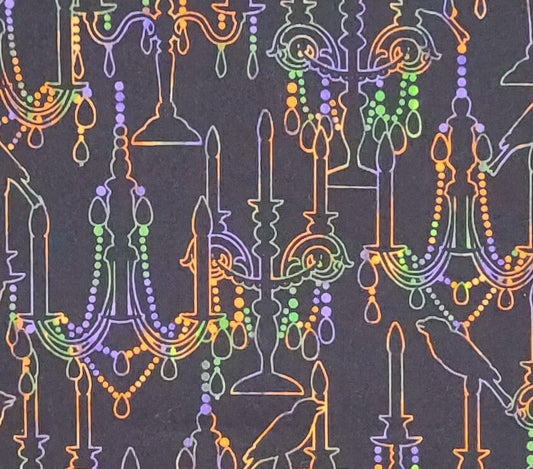 8733 Ghouls Night Out - A Maywood Studio Collection - Black Fabric / Orange, Green and Purple Chandelier and Raven Halloween Print