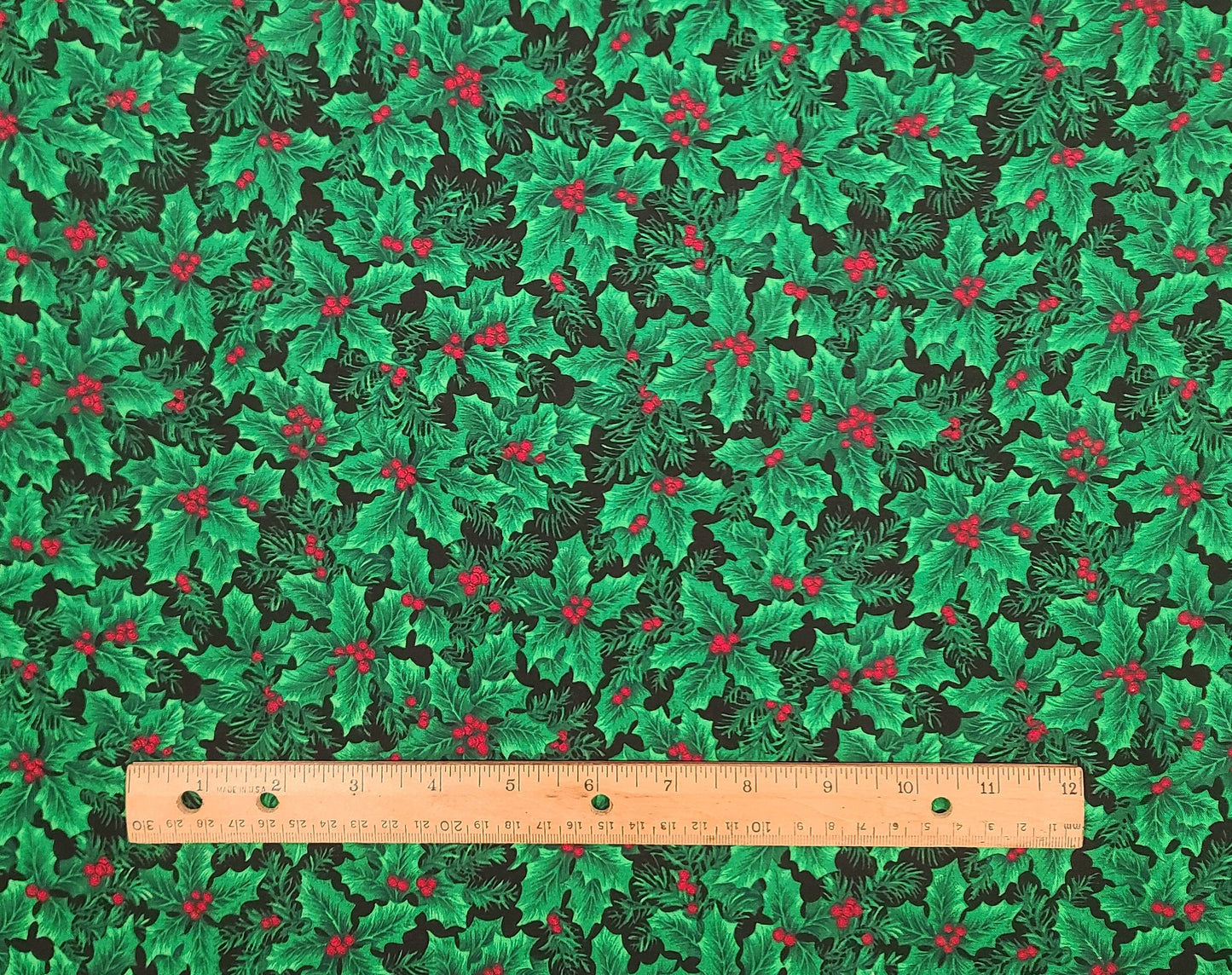 Black Fabric / Bright Grass Green Holly Leaves / Red Berries