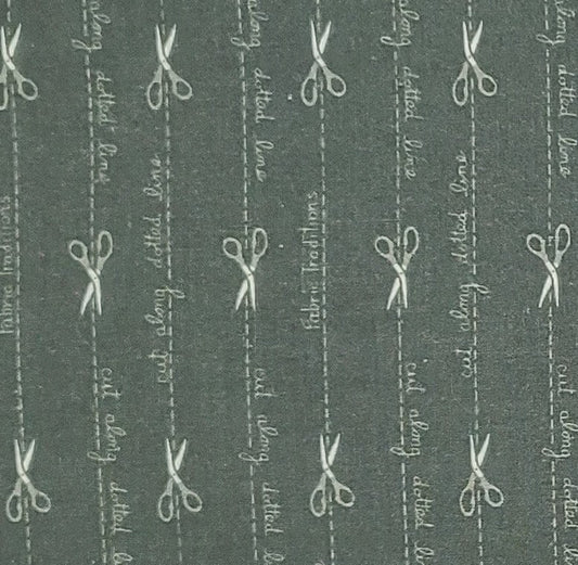 Fabric Traditions 1993 - Dark Green Fabric / Vertical (Parallel with Selvage) Dotted Line and Scissor Print / "Cut Along Dotted Line"