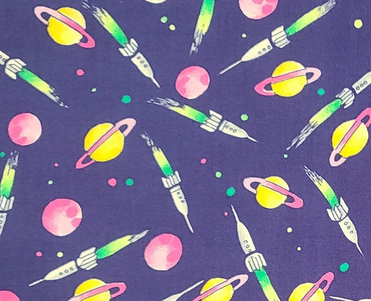 Hoffman Inernational Fabrics - Dark Purple Fabric / Cartoon-Style Rocket Ships and Planets / Bright Pink, Bright Yellow and Bright Green