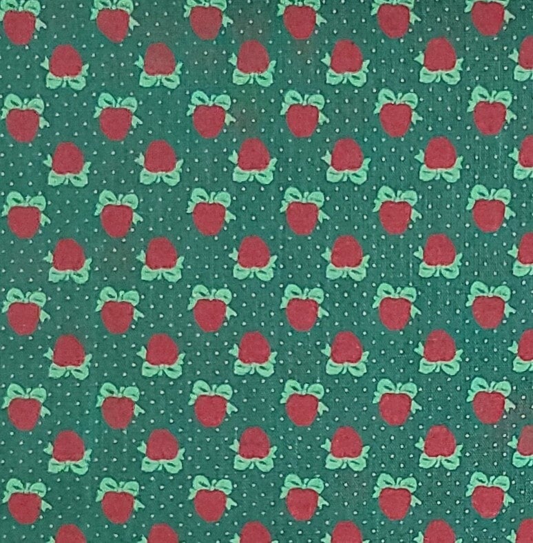 St. Nicole by RJR Fashion Fabrics - Dark Green Fabric / White Pindot / Light Green Ribbon / Red Apple Print