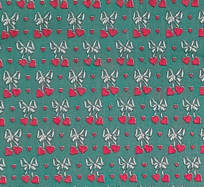 Medium Green Fabric / Red Hearts / White Ribbon Pattern - Selvage to Selvage Print