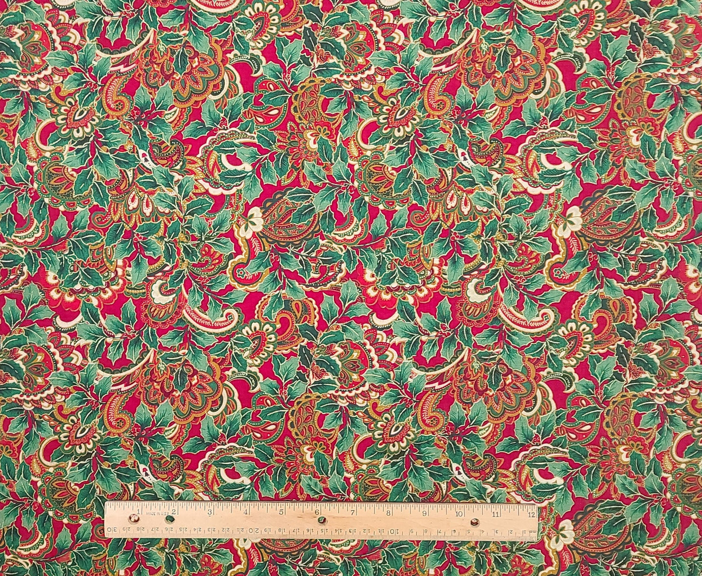 EOB - VIP Print by Joan Messmore Cranston Print Works Co - Dark Red Fabric / Hunter Green and Cream Paisley and Holly Leaf Print