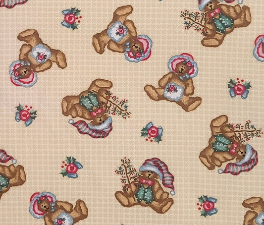 Cream and White Plaid Fabric / Country Christmas Bears Tossed Print