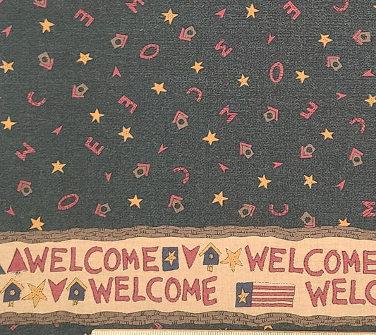 WELCOME by Country Threads Inc for Benartex - Dark Green and Black Tonal Fabric with Scattered Letters, Birdhouses, Stars