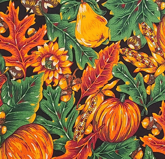 Autumn Spirit #5294 Springs Industries Inc - Black Fabric / Orange, Gold & Green Fall Pattern / Pumpkins, Oak, Acorns, Corn, Pear, Apple