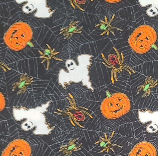 Black Fabric / Halloween Print Jack-O-Lantern, Spider, Ghosts Outlined in Gold / Spiderweb Background - Selvage to Selvage Print