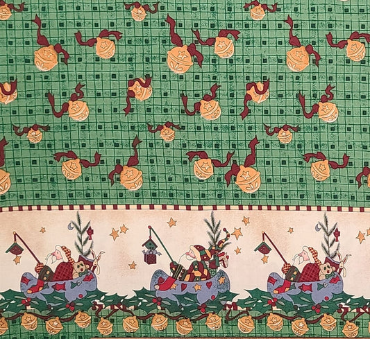 Quick as a Wink by Rebecca Carter for SSI - Double Border Print Fabric / Green Checkboard Background / Gold Bells with Dark Red Ribbons