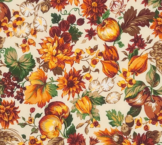 VIP Cranston Print Works - Soft White Fabric / Brown, Rust, Orange, Gold, White and Green Flower & Fruit Fall Print Fabric