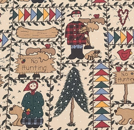 Tan Fabric with White Pindot Background / Northwoods Cartoon-Style Print "No Hunting", Canoe, Pine Tree, Bear - Selvage to Selvage Print