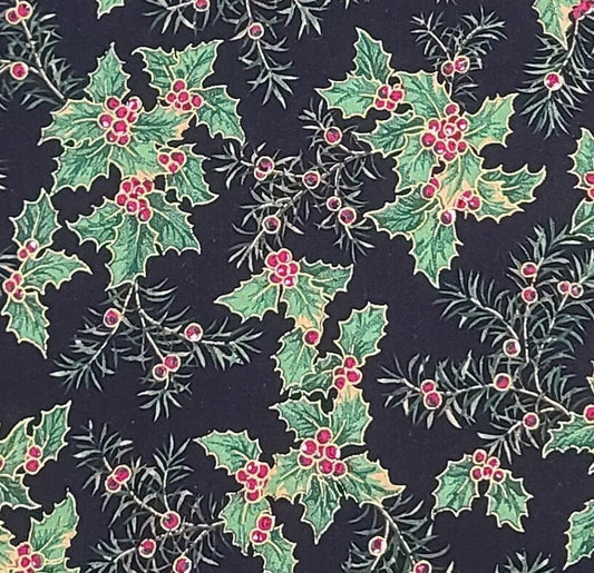 Black Fabric / Holly Leaf, Fir Bough and Red Berry Print / Gold Metallic Accents - Selvage to Selvage Print