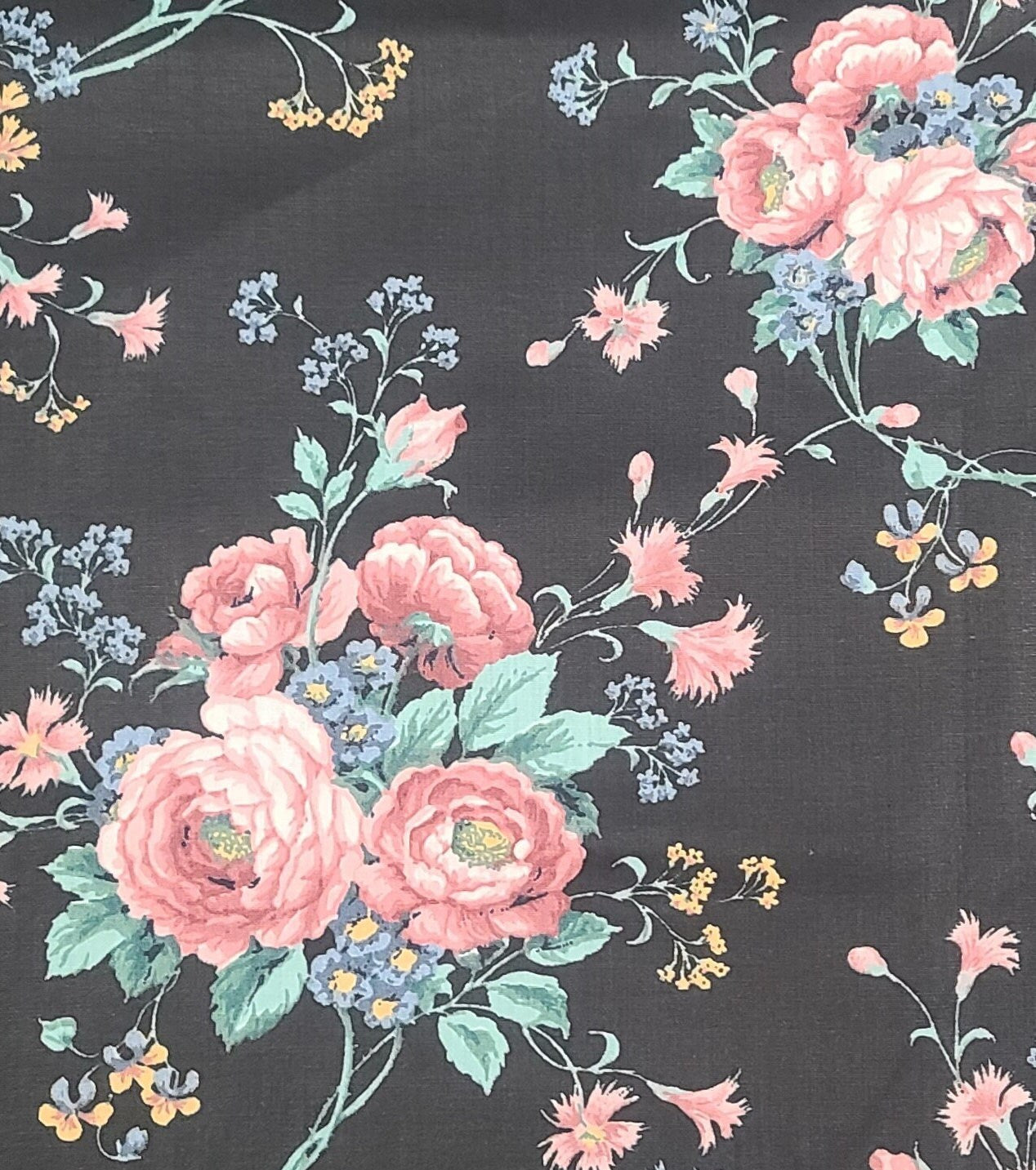 Black Polished Cotton 92" WIDE x 65" Fabric / Large Pink, White and Blue Floral Print / Mint and Sage Green Leaves