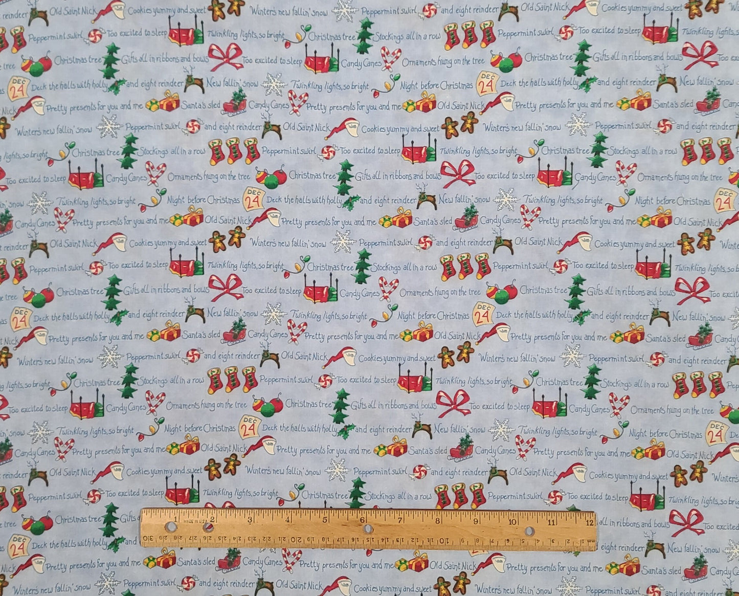 Leslie Beck for VIP Cranston Print Works - Light Blue Tonal Fabric / Various Christmas Sentiments (Selvage to Selvage) with Related Pictures