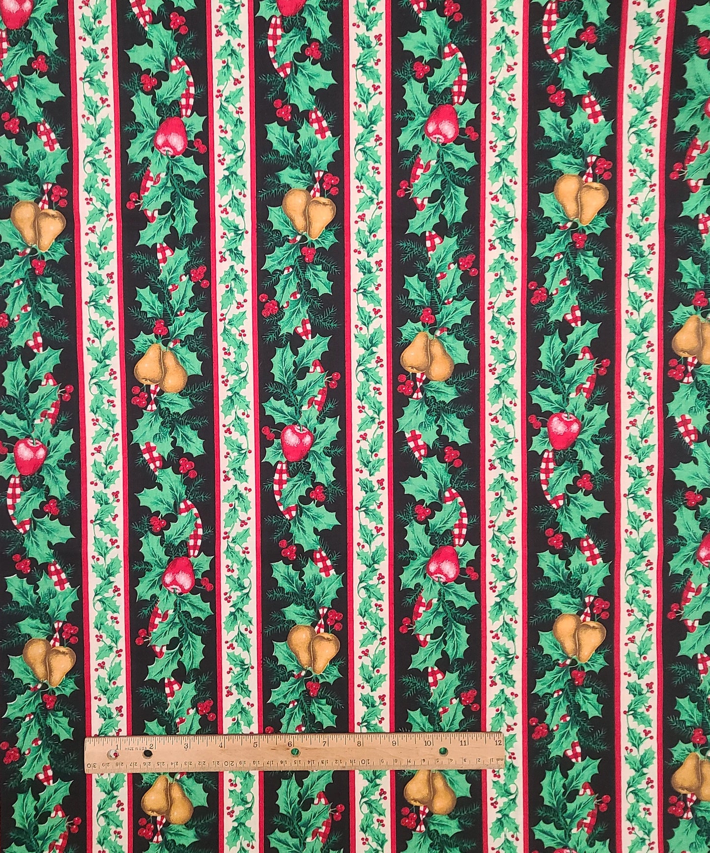 Fabric Traditions 1994 #2187-Christmas Stripe (Parallel to Selv) Fabric/Black, White, Red, Green Holly, Fir Swag Stripe/Red Apple, Gold Pear