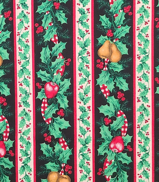 Fabric Traditions 1994 #2187-Christmas Stripe (Parallel to Selv) Fabric/Black, White, Red, Green Holly, Fir Swag Stripe/Red Apple, Gold Pear