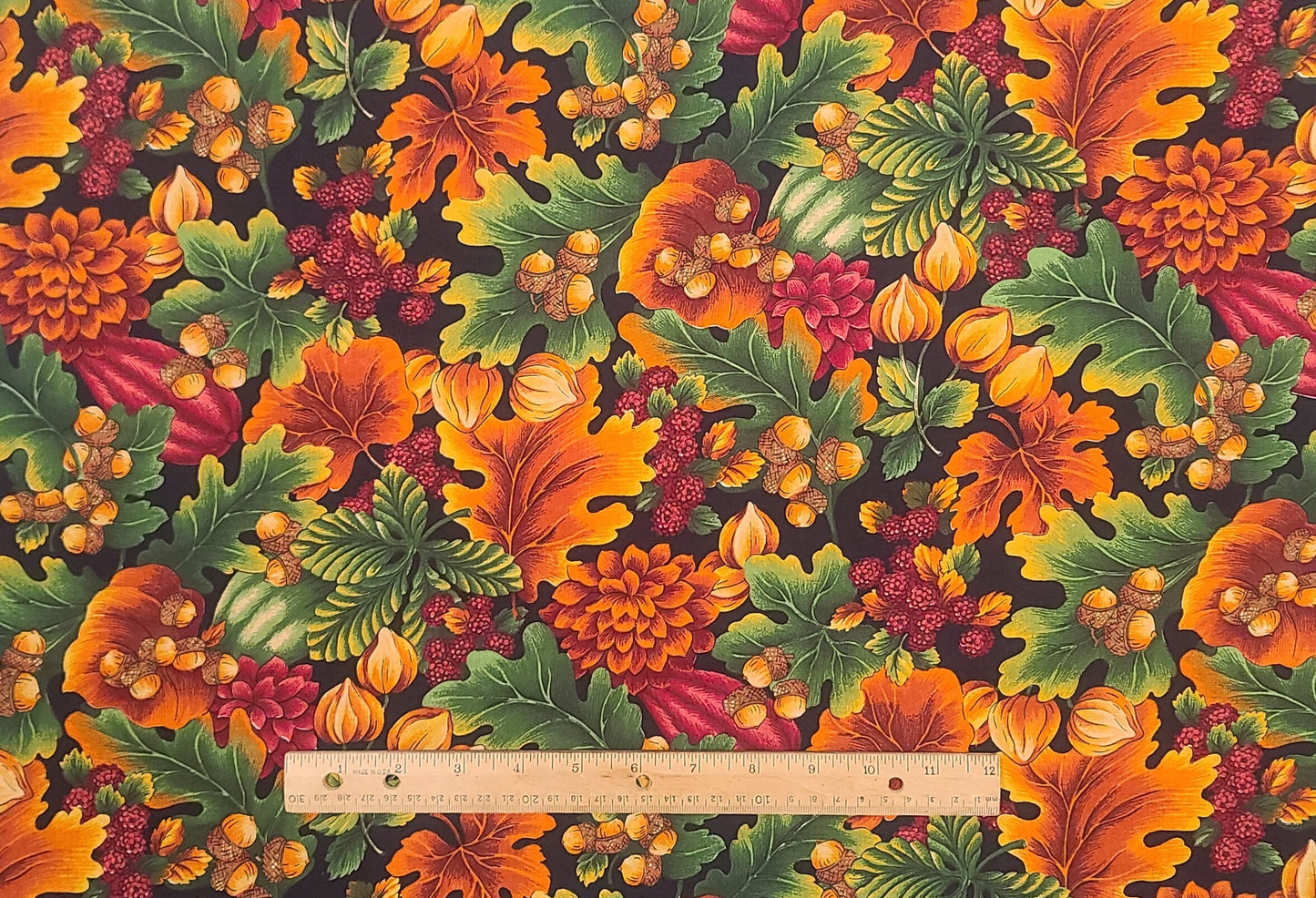 EOB - VIP Cranston Print Works - 58" WIDE Fabric - Black Fabric / Burgundy, Burnt Orange, Gold Oak Leaf, Raspberry, Acorn, Chinese Lantern Print