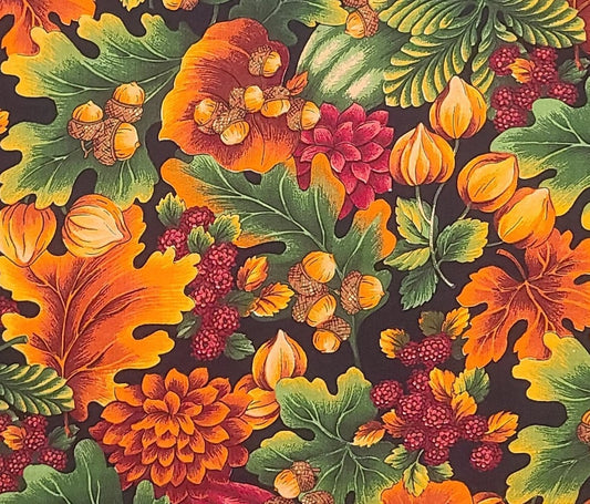 EOB - VIP Cranston Print Works - 58" WIDE Fabric - Black Fabric / Burgundy, Burnt Orange, Gold Oak Leaf, Raspberry, Acorn, Chinese Lantern Print