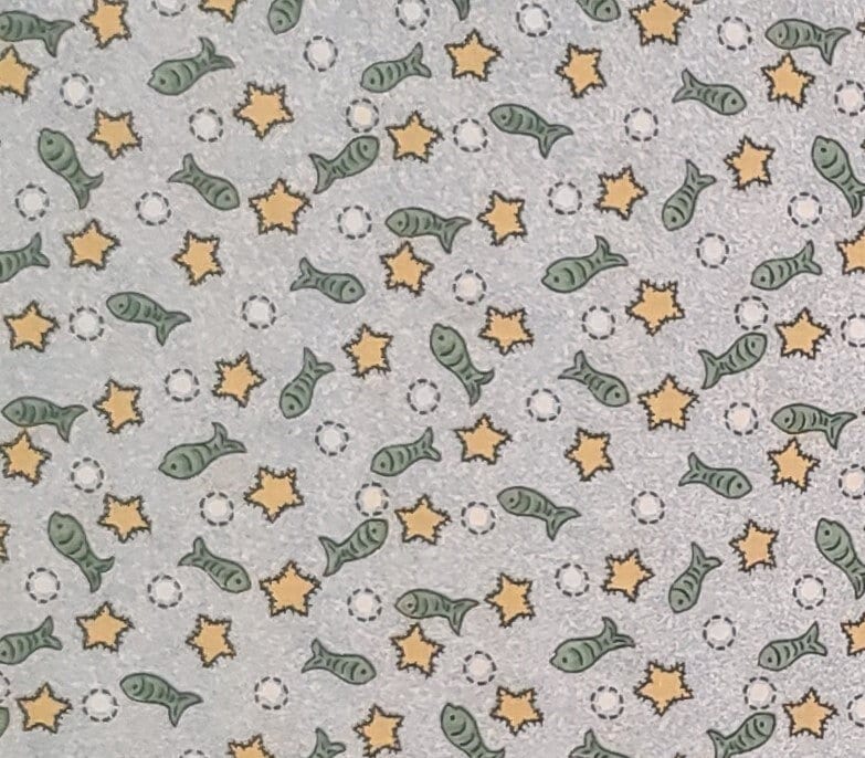 One Heart … One Mind for Springs Industries Inc - Light Blue and White Tonal Fabric / Green Fish, Gold Stars, White Dots, Black Outlines