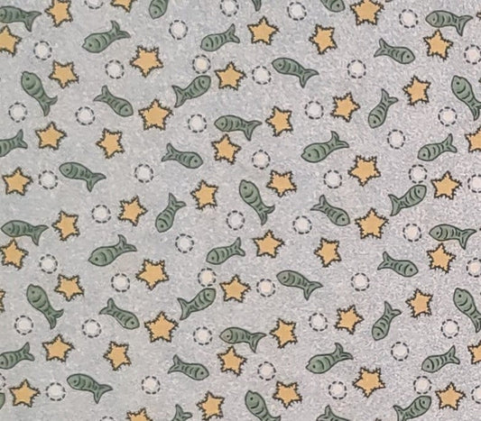 One Heart … One Mind for Springs Industries Inc - Light Blue and White Tonal Fabric / Green Fish, Gold Stars, White Dots, Black Outlines