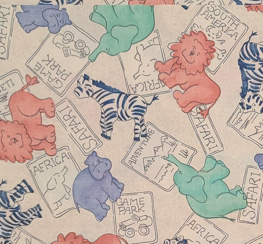 EOB - Princess Fabrics/MPN.Y. IND.Inc.1235 - Heavyweight Cotton Fabric - Cream Fabric / Green Elephants, Red Lions, Blue Hippopotamus, Zebra