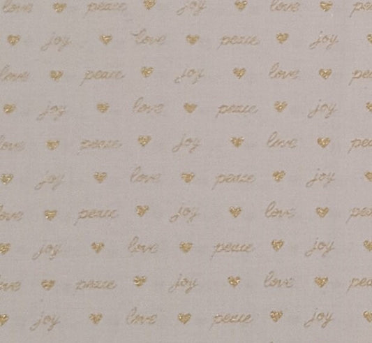 Cream Fabric / Gold Metallic Love, Peace, Joy Script and Heart Print - Selvage to Selvage Print