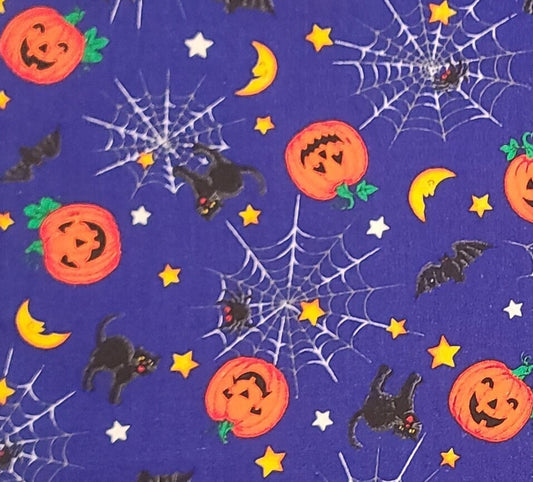 EOB - VIP Cranston Print Works - Purple Fabric / Bright Orange Jack-O-Lantern, Moon and Star Pattern / Bats and Spider Webs