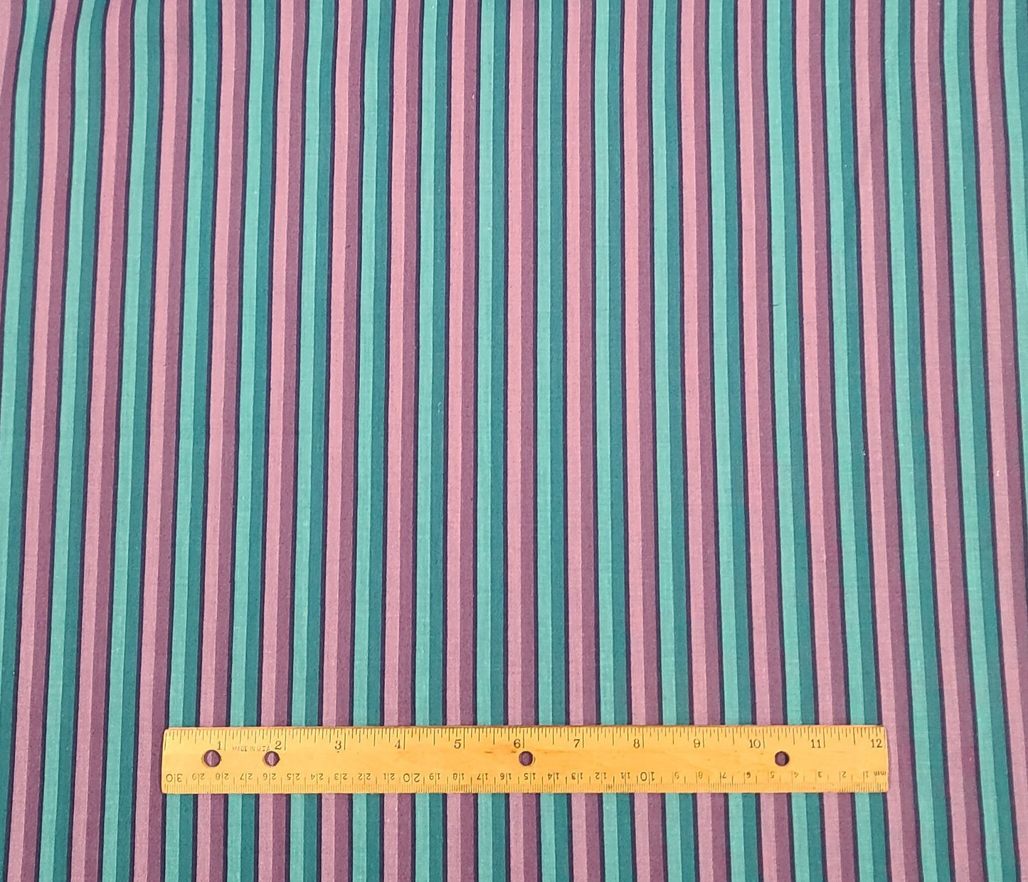 Fabric Traditions 1992 - Teal, Aqua, Light and Dark Purple Vertical Stripe (Parallel to Selvage) Fabric - Heavier Weight Cotton